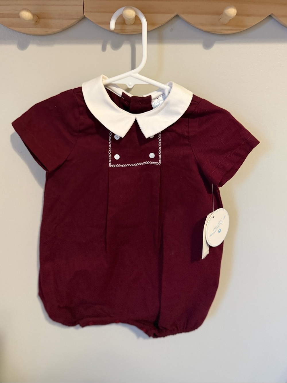 NWT Edgehill Collection Boys 6M Burgundy Cotton Bubble Romper White Collar
